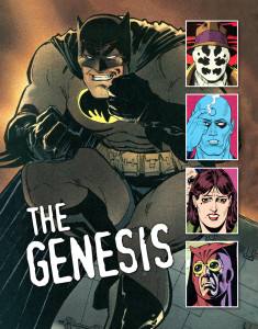 Batman relishes the sting of battle in Frank Miller’s Batman: The Dark Knight Returns (1986). Insets, from top right: Rorschach, Dr. Manhattan, Silk Spectre and Nite Owl from Alan Moore and Dave Gibbons’ Watchmen (1986). [© DC Comics]