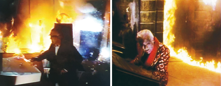 The ancient, ill Karloff got near pyro and flames in these pre-CGI films. Left: "Fear Chamber." Right: "House of Evil."
