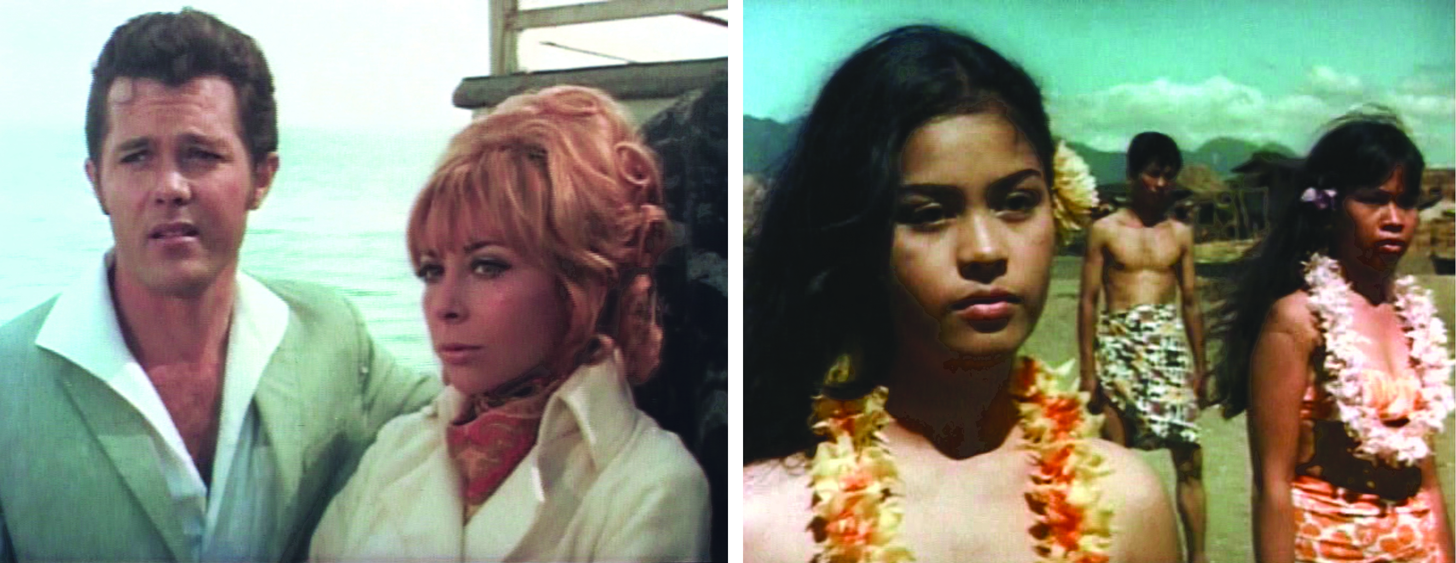Left: John Ashley and Angelique Pettyjohn approach Blood Island. Right: The welcome wagon.
