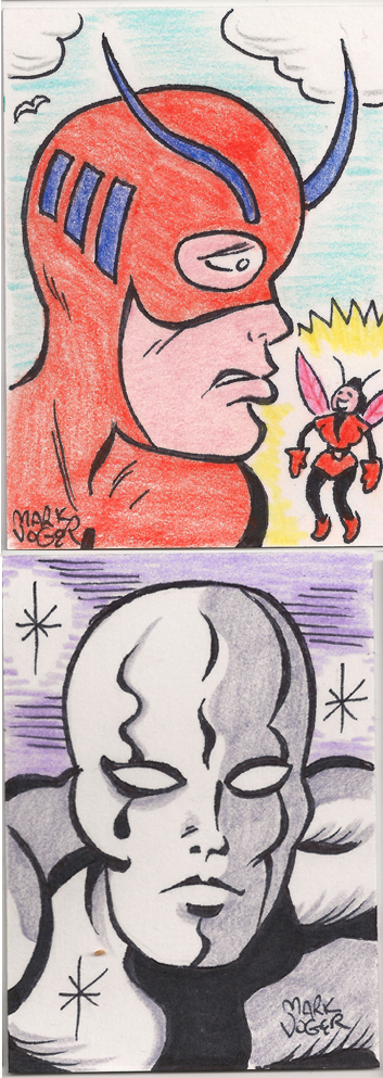 Two more sketch cards I drew this year: Ant-Man (with the Wasp ever present) and the Silver Surfer.