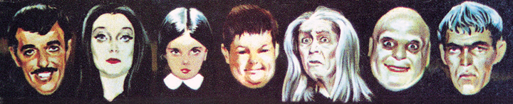 Caricatures of the cast from the box art for Ideal’s “The Addams Family Game.”