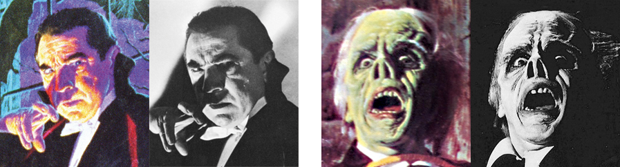 The clearest example of Bama’s use of a movie still was his Dracula box art, which mirrored a publicity photo of Bela Lugosi from 1948’s “Abbott and Costello Meet Frankenstein." For his Phantom box art, Bama used James Cagney in 1957’s “Man of 1000 Faces” (who was playing Lon Chaney Sr. playing the Phantom) rather than Chaney himself. [© Universal Studios]