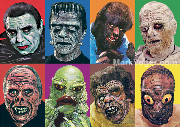 Don Post Studios masks, from a 1965 ad. The same photos were used in a calendar issue by Don Post. [© Universal Studios; © Don Post Studios]