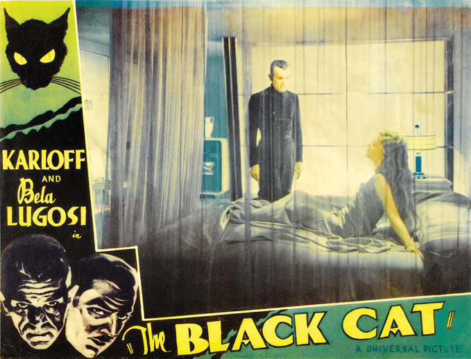Boris Karloff and Lucille Lund in a "Black Cat" lobby card. Lund played two roles: a mother and daughter, both named Karen.