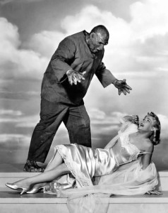 In the 1950s, dames always had lingerie and heels on when monsters attacked. And they were always blond. "The Creature Walks Among Us" (1957).