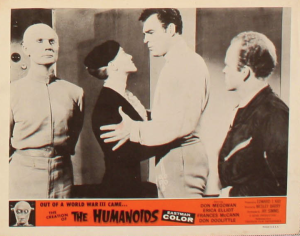 "Don't do it, Sis!" says Cragus (Don Megowan) in this lobby card for "The Creation of the Humanoids."