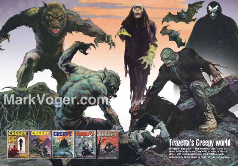 A collage of images from early Creepy covers by Frank Frazetta was created as a two-page spread especially for "Monster Mash." [© Warren Publishing]