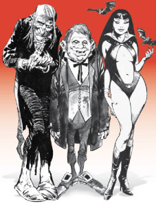 Warren Publishing's hosts with the most: Uncle Creepy, Cousin Eerie and Vampirella. [© Warren Publishing]