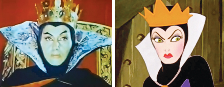 Ofelia Guilmain (left) as the Queen of Badness in "LRRH&TM" looks enough like the Evil Queen in “Snow White” that Disney could have sued.