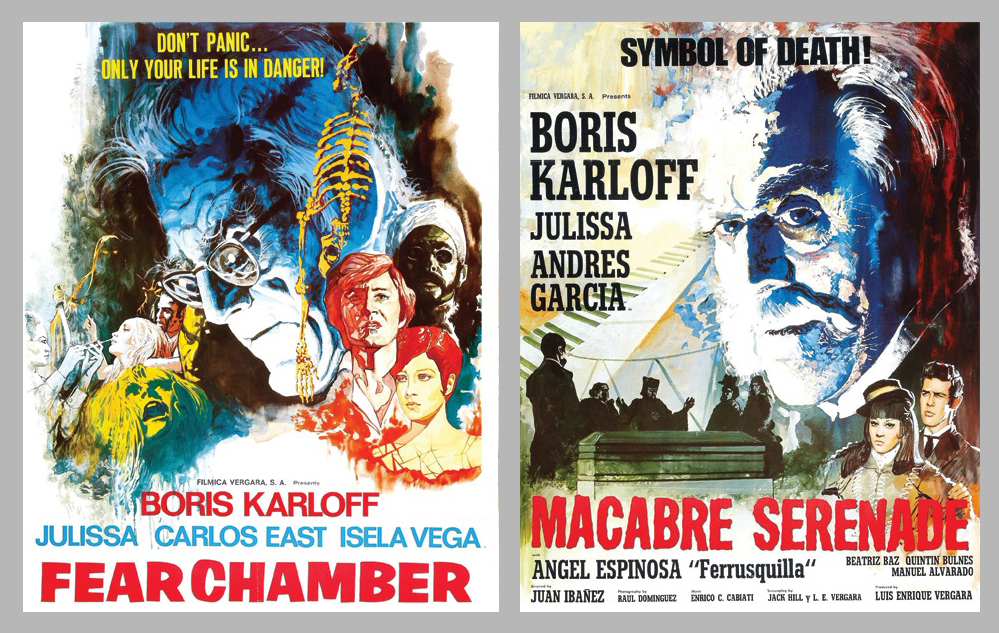 Movie posters for "Fear Chamber" and "House of Evil" (here titled "Macabre Serenade").
