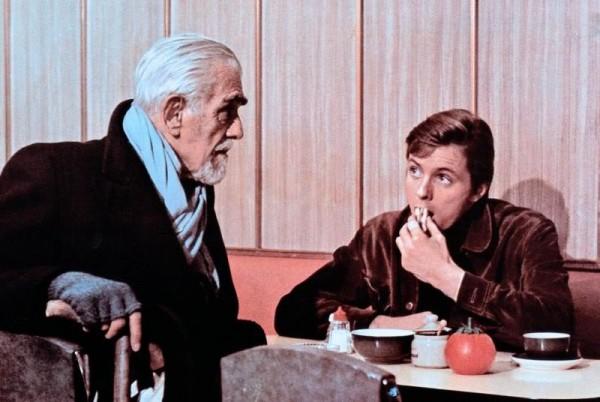 Boris Karloff has a proposition for Ian Ogilvy in Michael Reeves' "The Sorcerors" (1967).