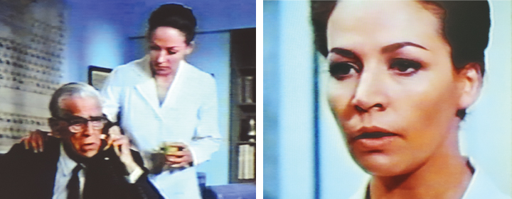 Isela Vega attends to Boris Karloff in "Fear Chamber." Right: A closeup of Vega in the film.