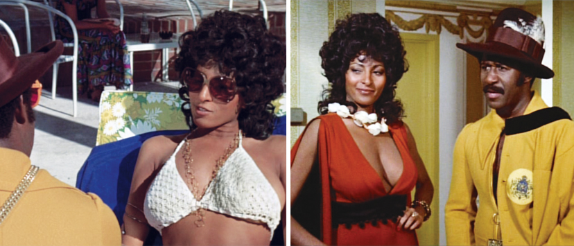 Left: As "Mystique," Coffy draws the attention of superfly pimp King George (Robert LoQui). Right: King George introduces his new lady.