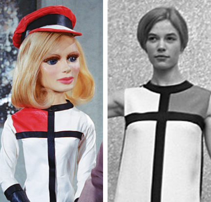 Lady Penelope looks up-to-the-minute in a Mondrian dress by Yves St. Laurent. (A real one is shown at right in a 1966 photo from the Dutch Nationaal Archief). 