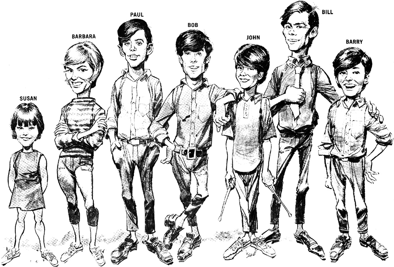 The Cowsills as depicted by the great carticaturist Jack Davis (Mad magazine), for the back cover of "The Best of the Cowsills."