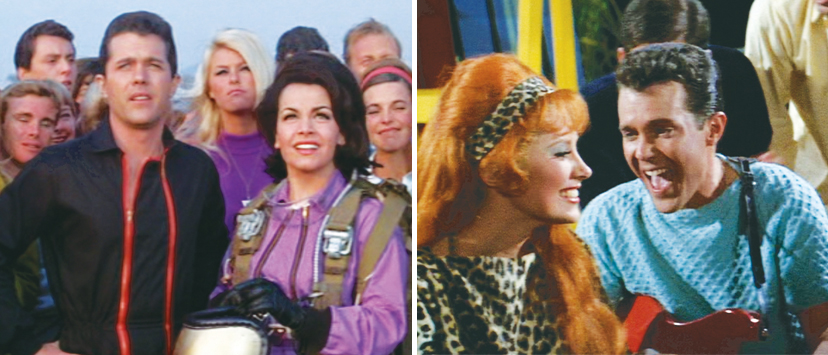 Left: Ashley with Annette Funicello watch a parachute drop in "Beach Blanket Bingo." Right: Ashley sings "That's What I Call a Healthy Girl" to Beverly Adams in "How to Stuff a Wild Bikini."