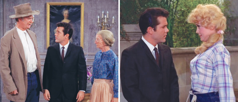 Left: Ashley trades lines with old pros Buddy Ebsen and Irene Ryan on "The Beverly Hillbillies." Right: Back by the cement pond with Elly May (Donna Douglas).