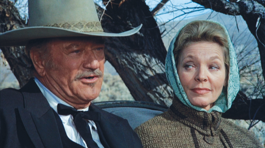 "Blood Alley" co-stars Wayne and Bacall reunited for the faintest whisp of romance in "The Shootist."
