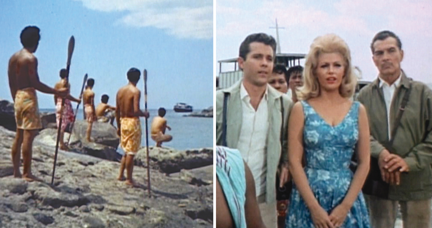 All Blood Island movies like this: A boat arrives, unknowing white people disembark. From left: John Ashley, Beverly Hills and Kent Taylor.