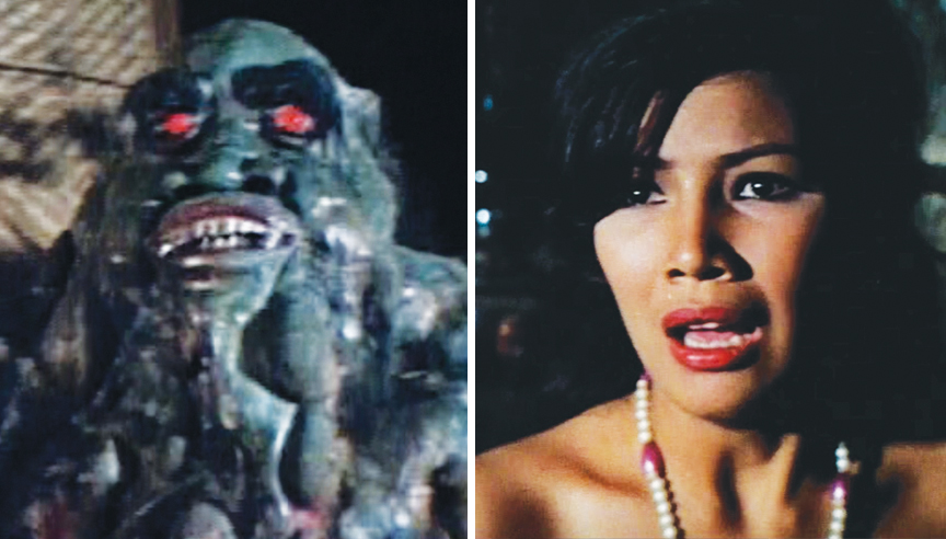 Left: The melty monster's face was largely inarticulate, though the mouth moved a little. Right: Every Blood Island movie has a hot native girl. In this case, it's Alma (Eva Darren).