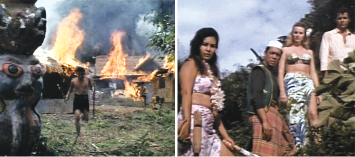 Another Blood Island movie, another fiery climax (left). Belmonte, Alfonso Carvajal, Yarnall and Ashley all go "phew!"
