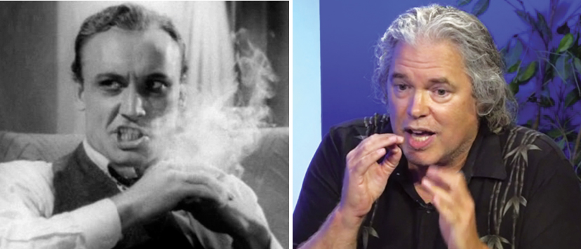 Left: "Devil Bat" star Dave O'Brien in "Reefer Madness" (1936). Right: I recreate his manic toking ... in the Edison Municipal Building, yet.